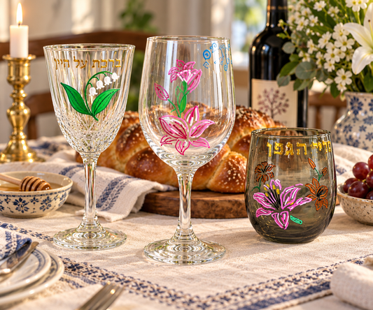 Hand-Painted Lily Kiddush & Wine Glasses