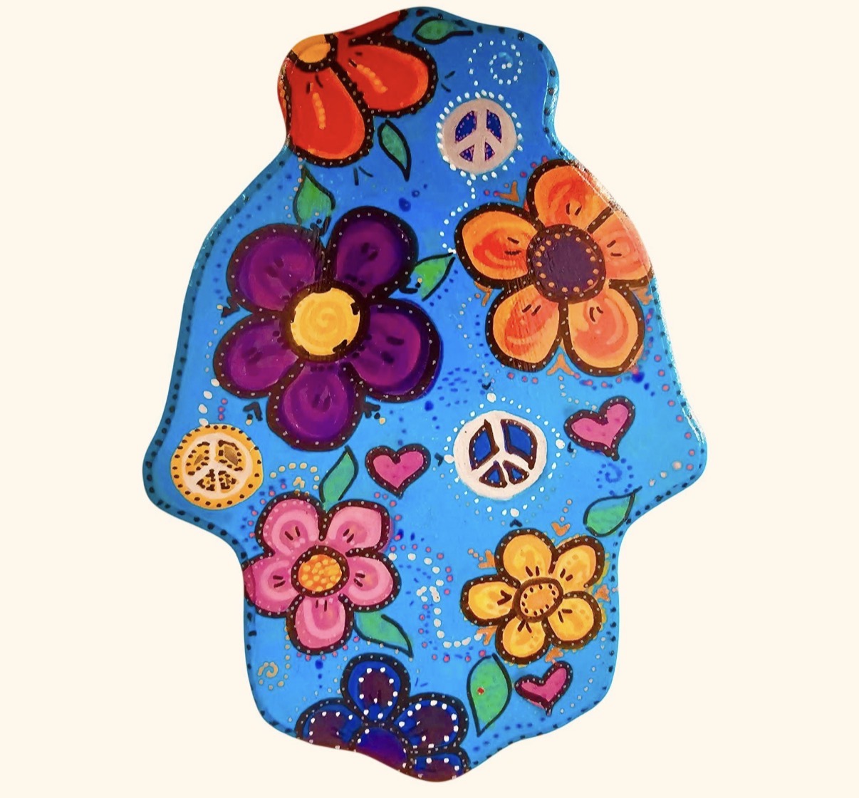 Peace Love Flowers Peace Jewish star Hamsa hand of Fatima evil eye hand painted hippie boho Woodstock