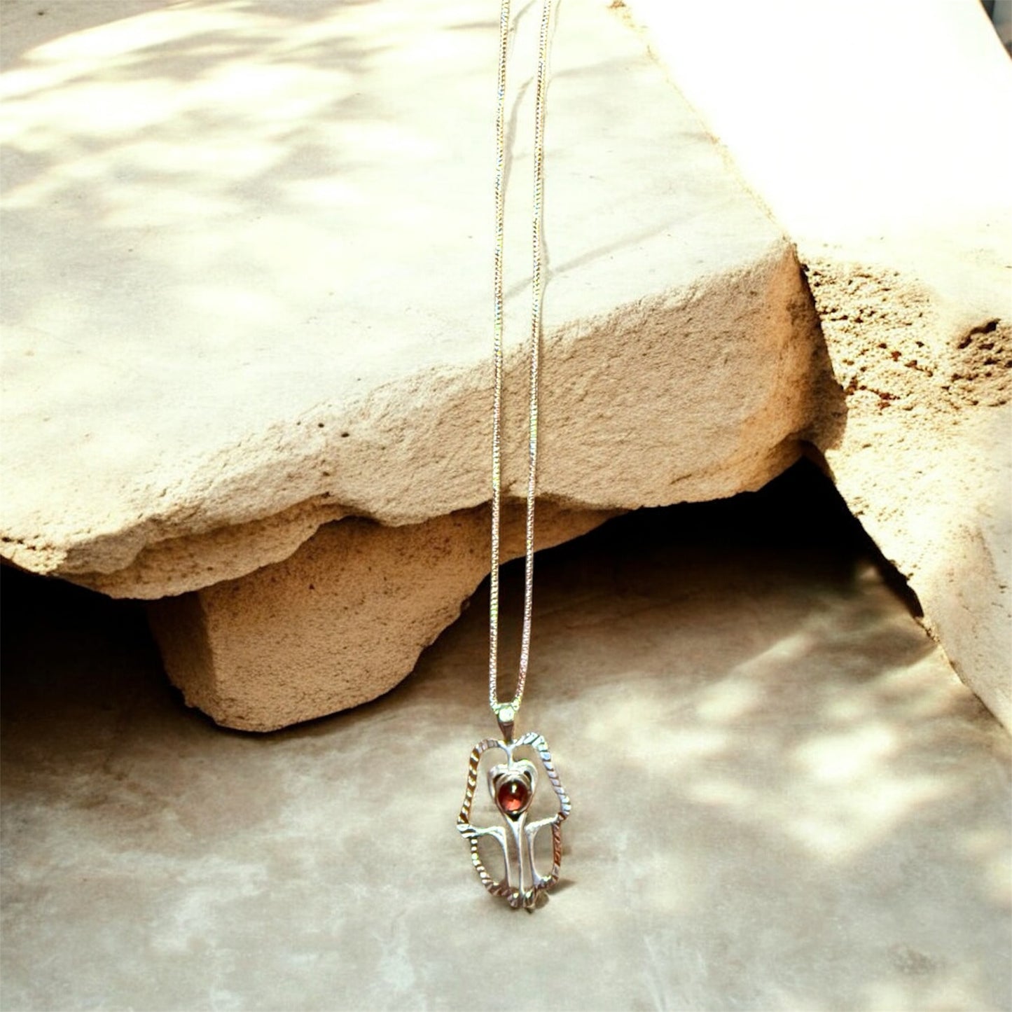 Sterling Silver Modernist Red Garnet Hamsa Hand of Miriam Necklace