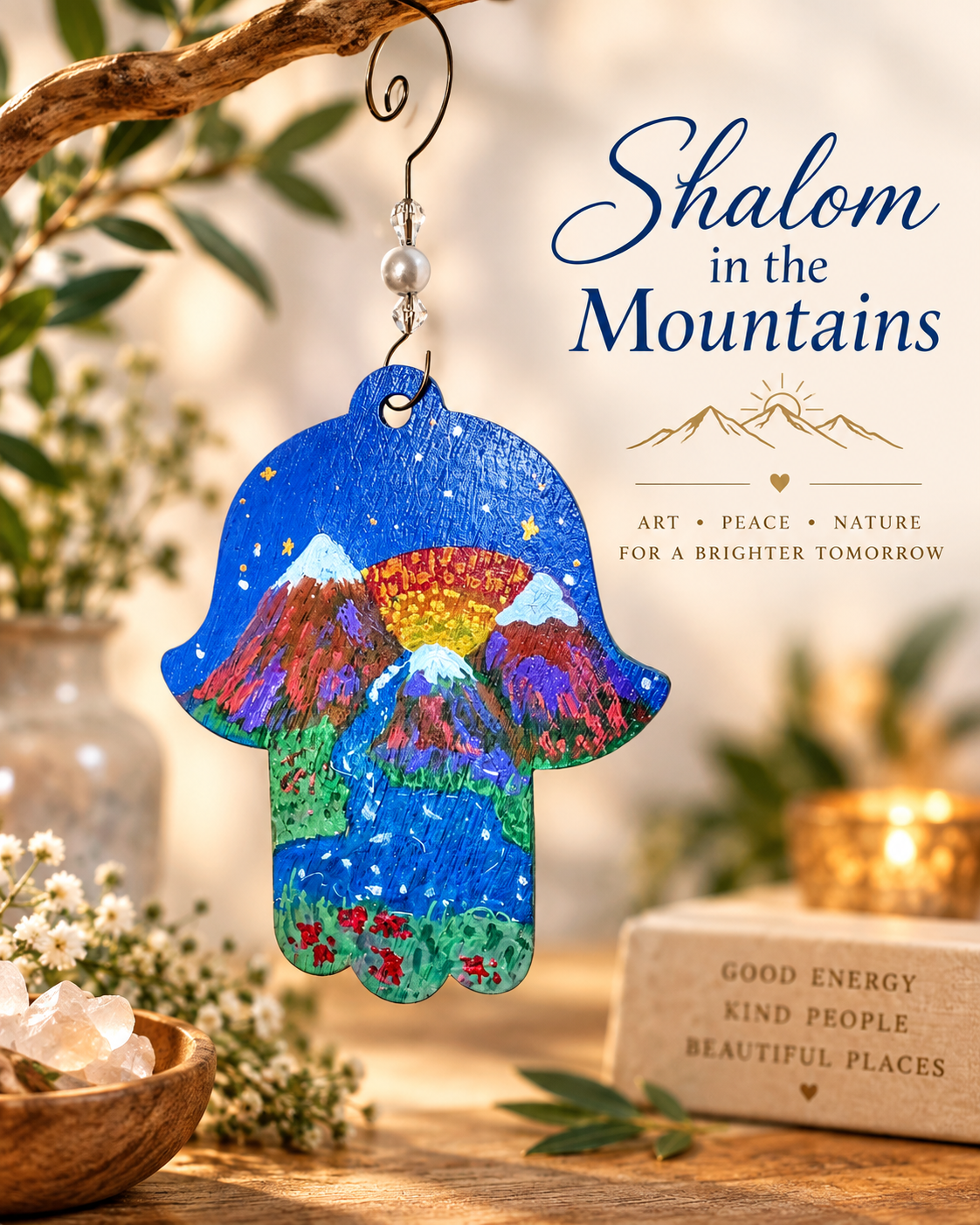 Shalom in the Mountains Hand-Painted Hamsa