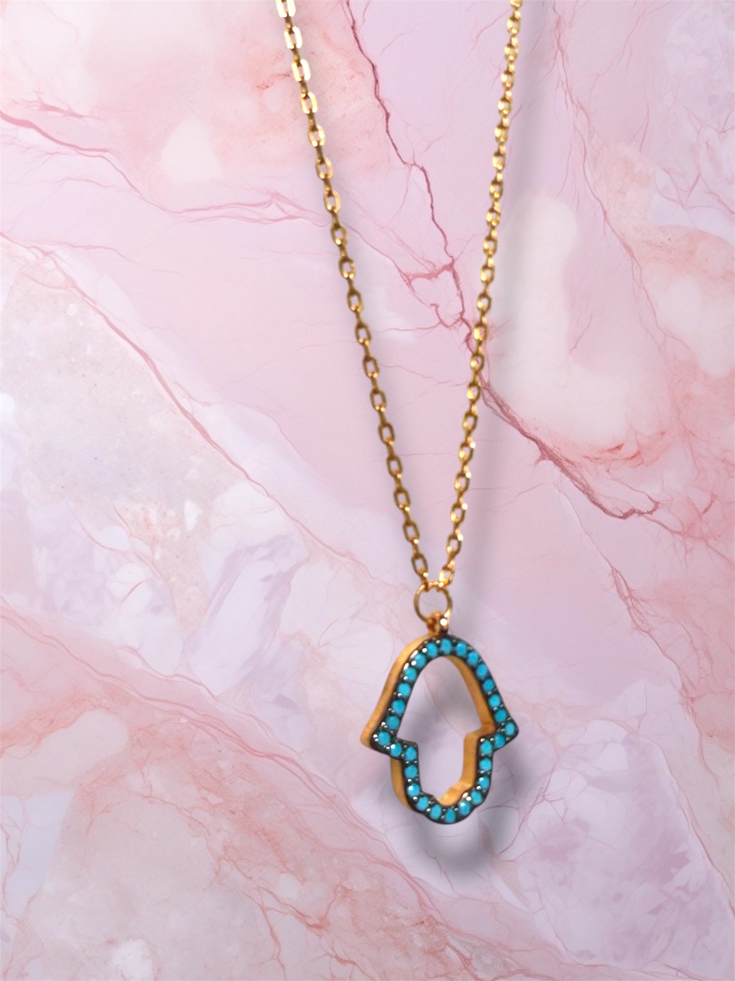 Rose Gold Open Blue Gemstone Hamsa necklace