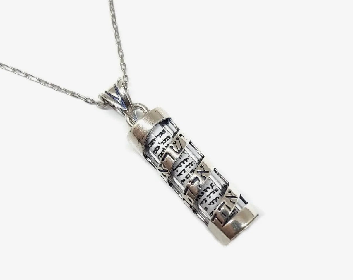 Sterling Silver Shema Ribbon Mezuzah Case pendant necklace