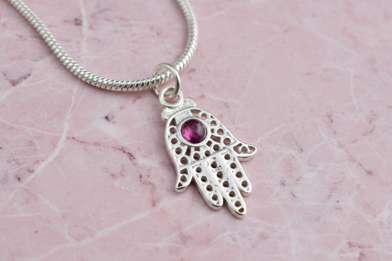 Sterling Silver filagree Hamsa with Opal Amethyst Garnet Pendant Necklace