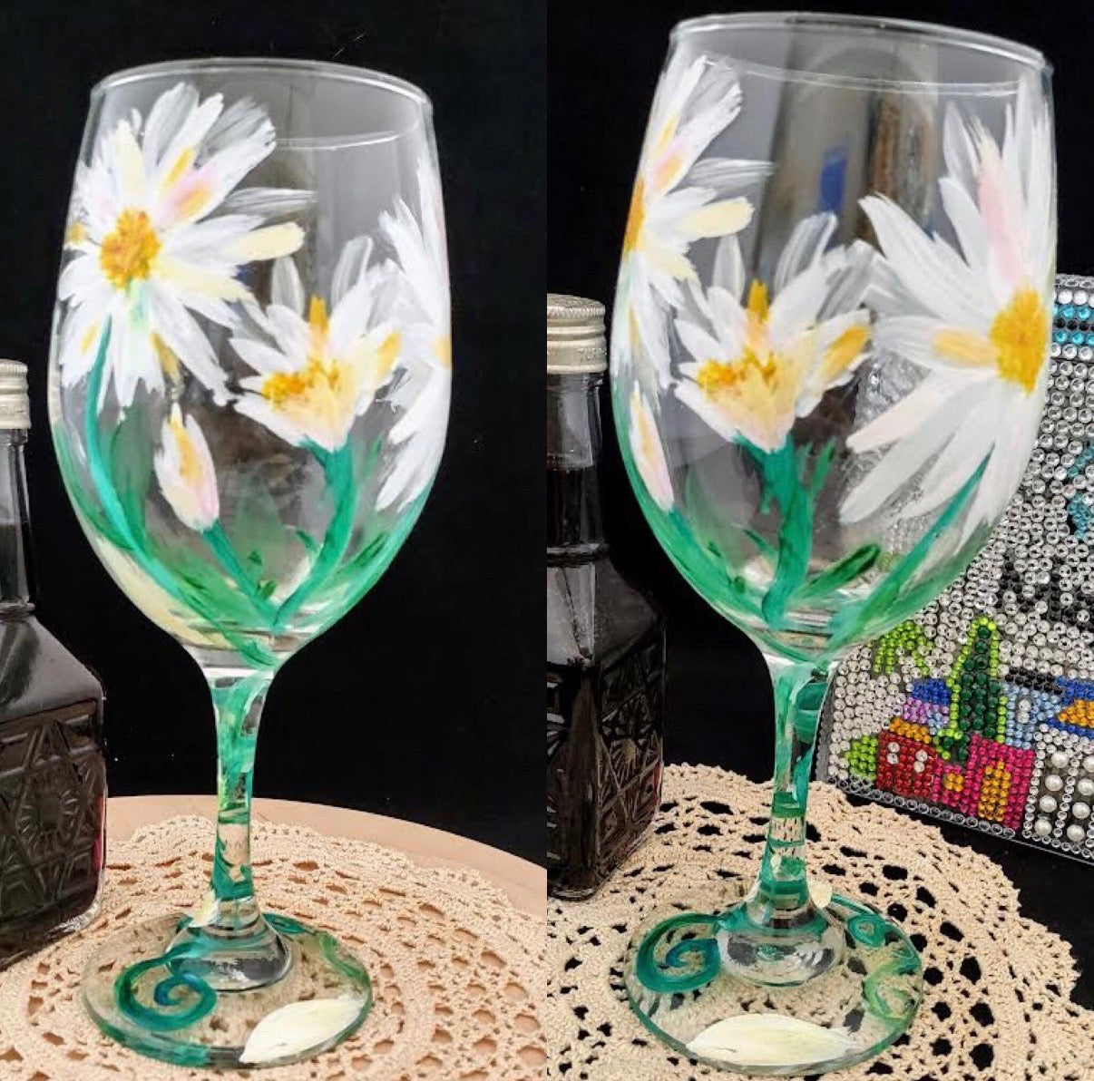 Hand-Painted Lilies Wine Glass, Checkerboard Stem