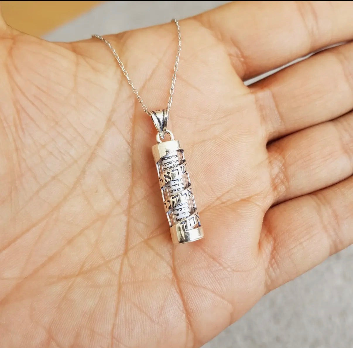 Sterling Silver Shema Ribbon Mezuzah Case pendant necklace