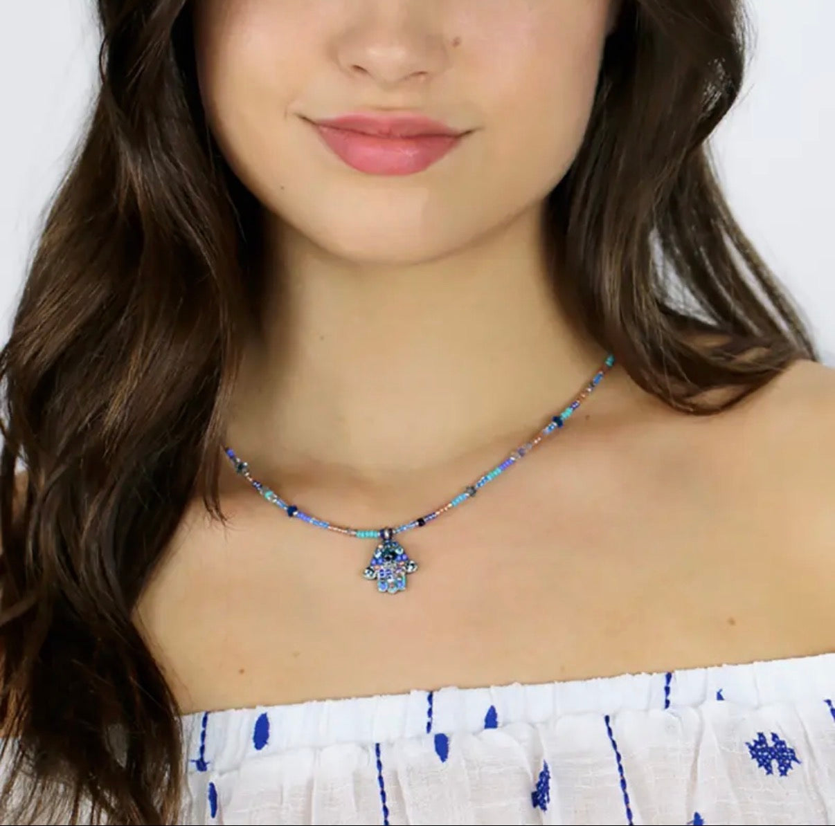 Small Blue Mosaic Hamsa Necklace