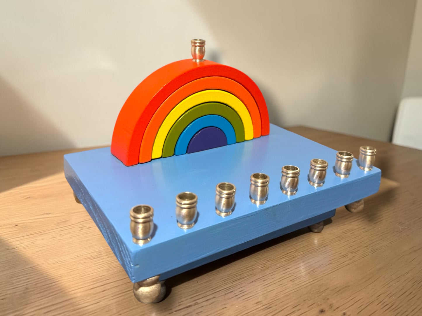 Rainbow Wood Menorah Hanukkiah Judaica Jewish Hanukkah Gift