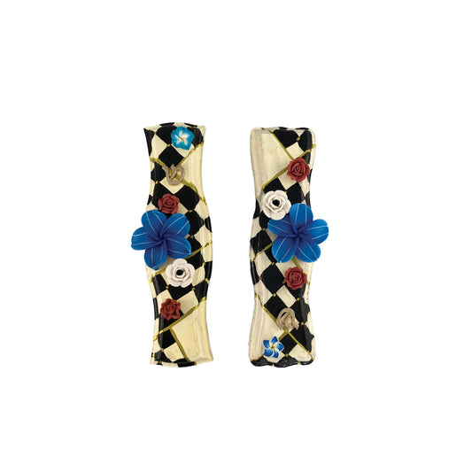 Checks & Flowers Hand-painted Mezuzah Case- Hourglass Shape