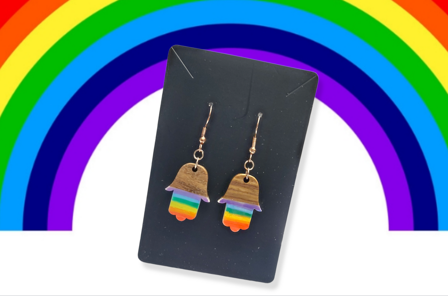 Rainbow Hamsa Wooden Earrings