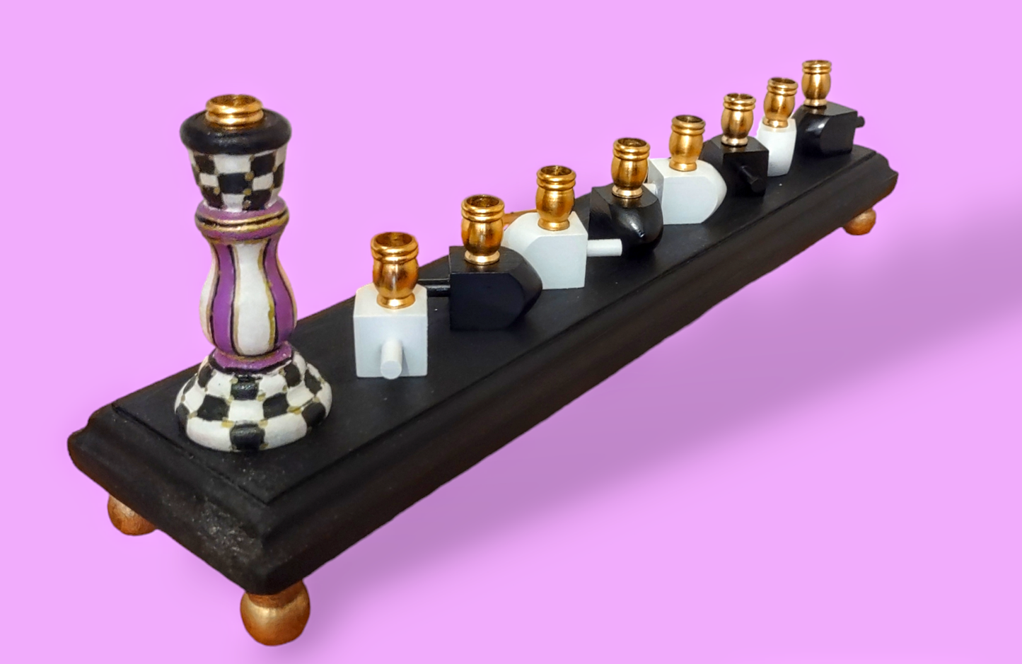 Colorful Hand-painted checkerboard Tapered Candle Stick and dreidel Menorah