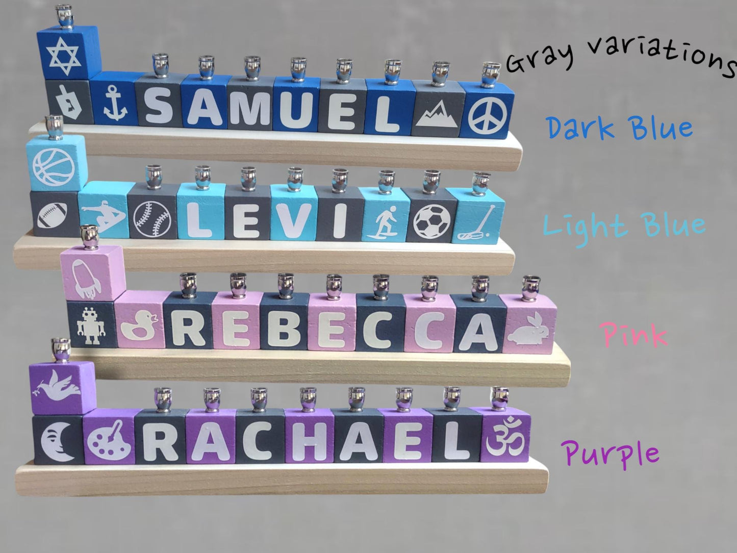 Personalized Name Blocks Menorah Kids Child Baby Judaica Jewish Hanukkah Custom Order Hebrew English