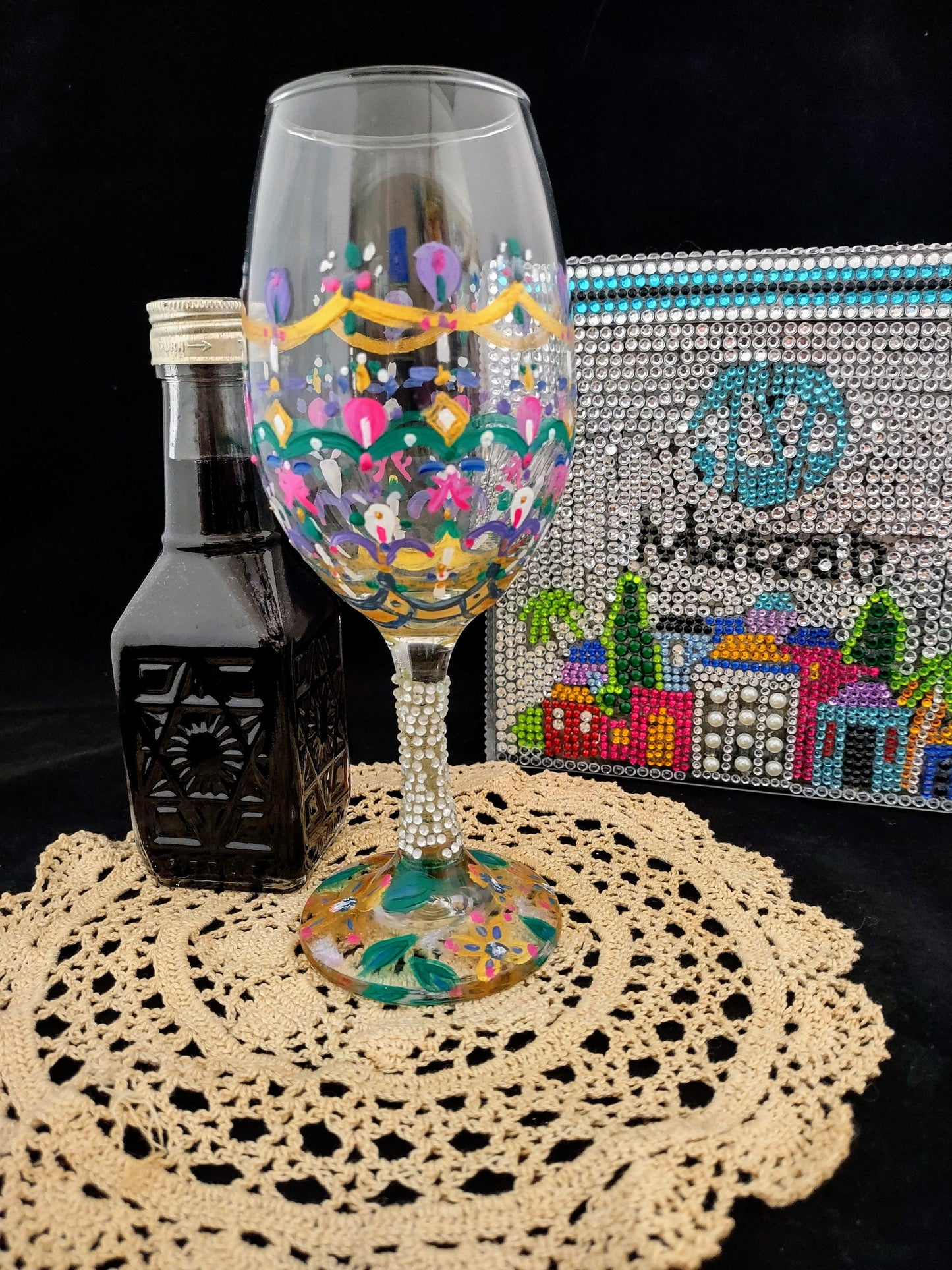 Hand-Painted Lilies Wine Glass, Checkerboard Stem
