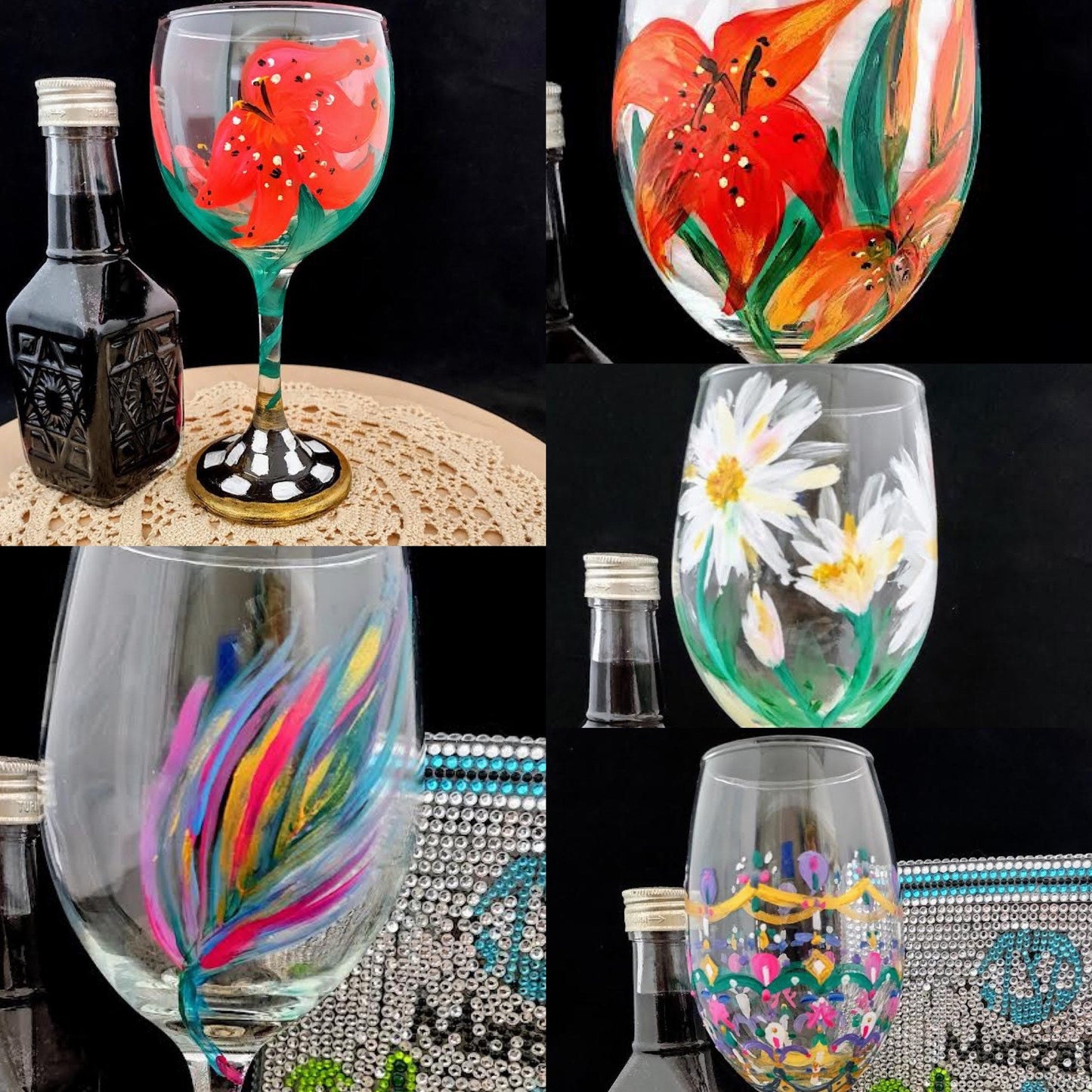 Hand-Painted Lilies Wine Glass, Checkerboard Stem
