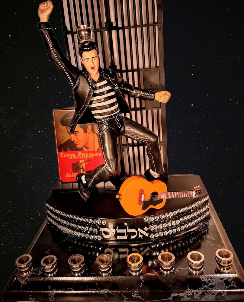 The King Elvis Presley Collector Hanukah Menorah Candle Holder Judaica Jailhouse Rock Hebrew