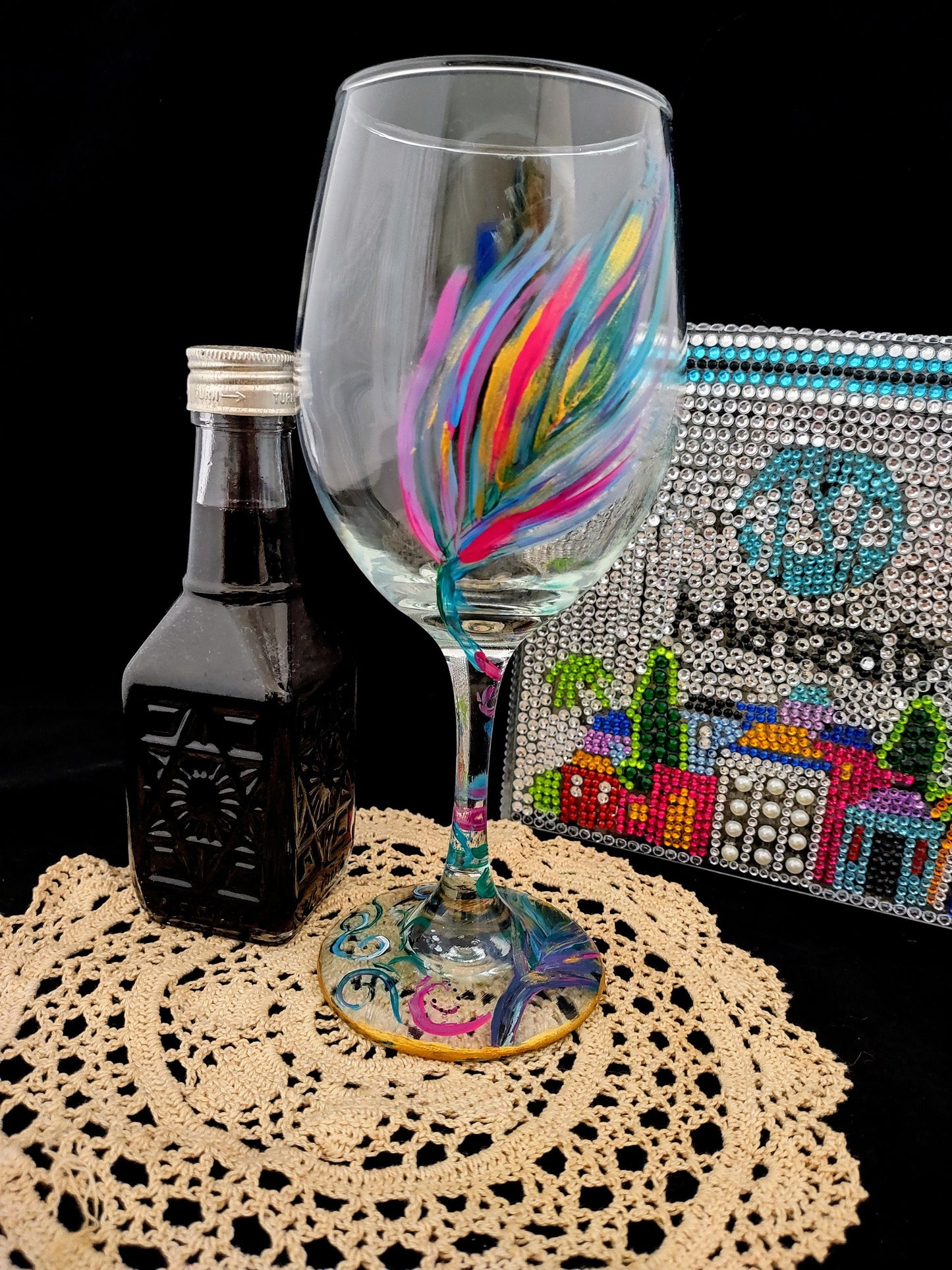Hand-Painted Lilies Wine Glass, Checkerboard Stem