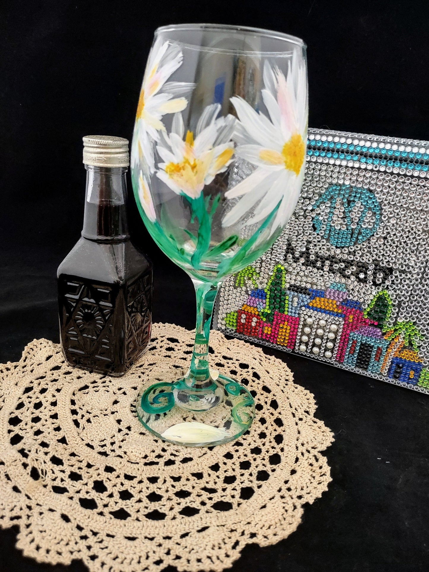 Hand-Painted Lilies Wine Glass, Checkerboard Stem