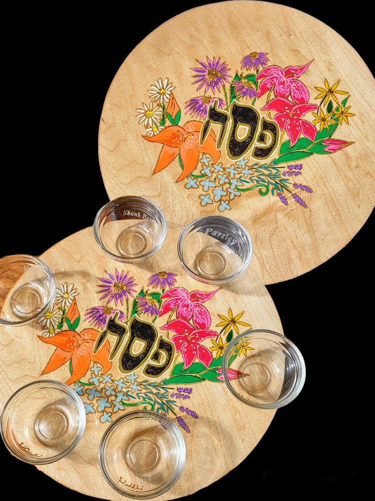 Hand-Painted Floral Seder Plate with Glass Bowls, Passover Pesach Judaica