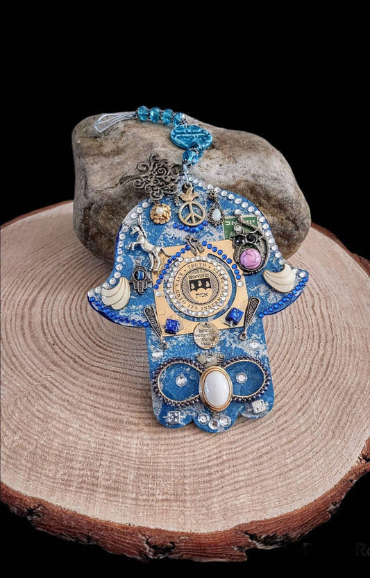 Repurposed Brandeis Hamsa Hand Decoration: Vintage Jewish Amulet