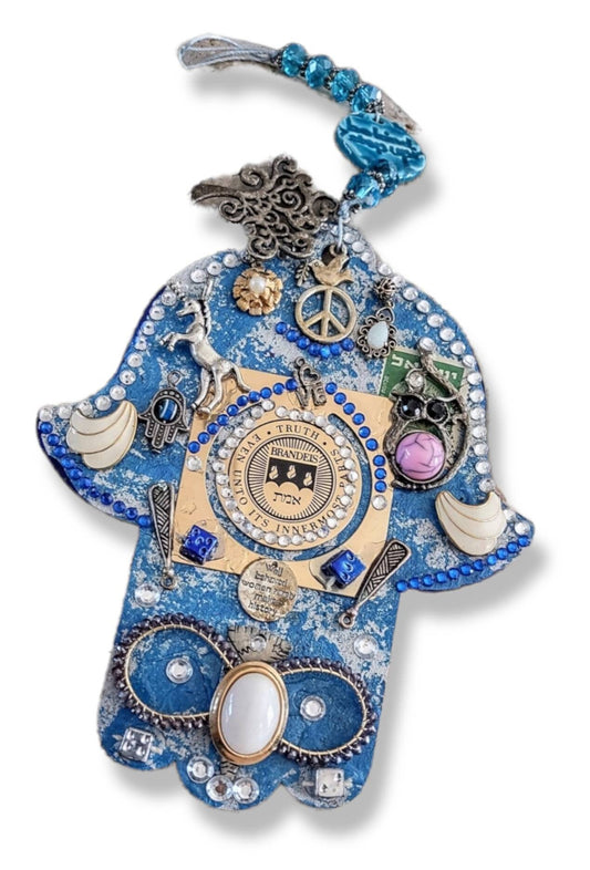 Repurposed Brandeis Hamsa Hand Decoration: Vintage Jewish Amulet