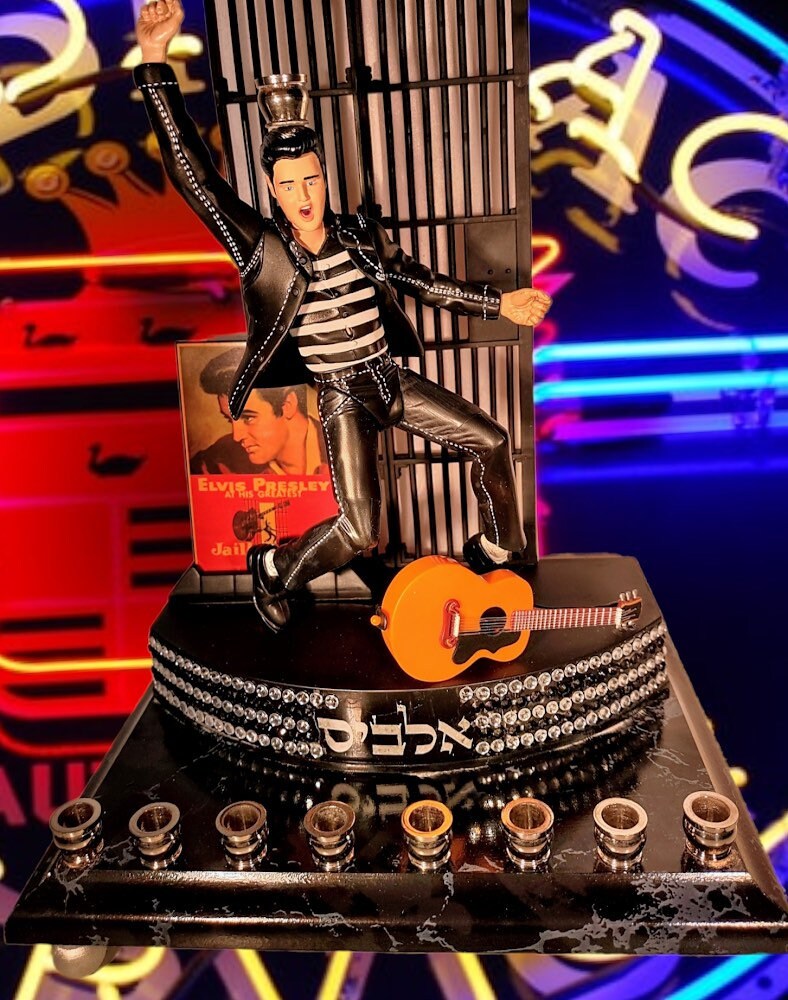 The King Elvis Presley Collector Hanukah Menorah Candle Holder Judaica Jailhouse Rock Hebrew