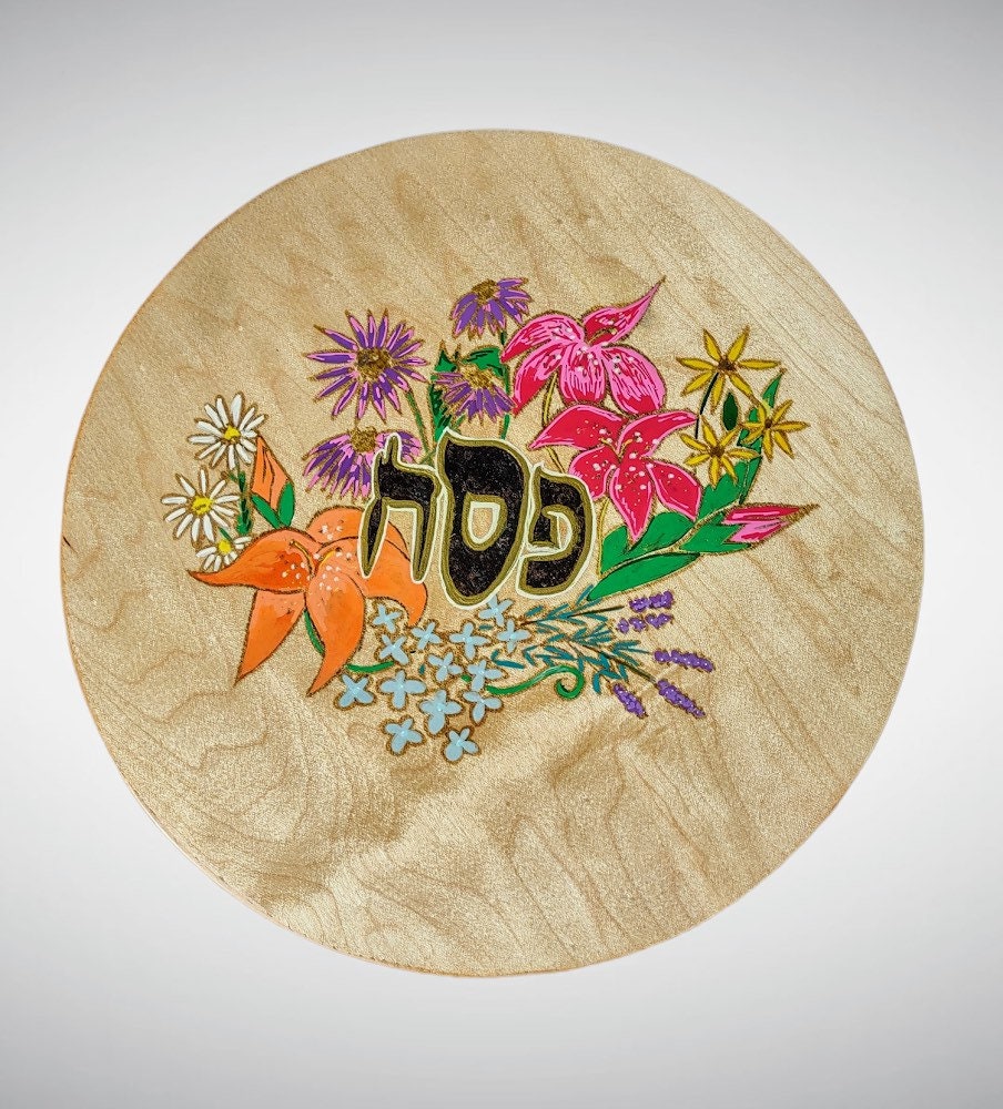 Hand-Painted Floral Seder Plate with Glass Bowls, Passover Pesach Judaica