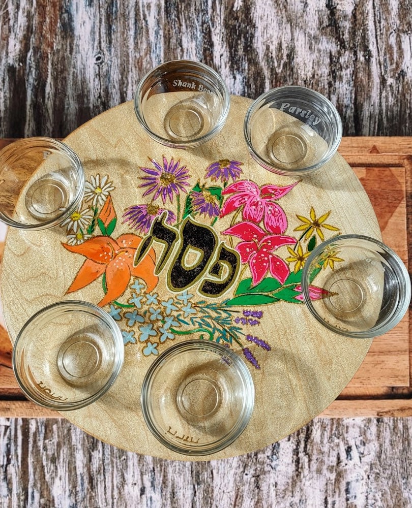 Hand-Painted Floral Seder Plate with Glass Bowls, Passover Pesach Judaica