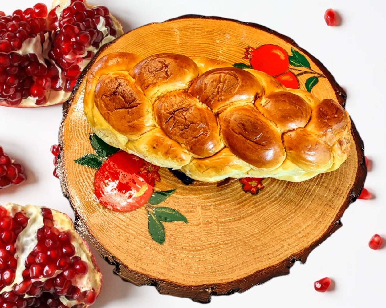 Hand-Painted Pomegranate Challah Board, Live Edge Shabbat Plate