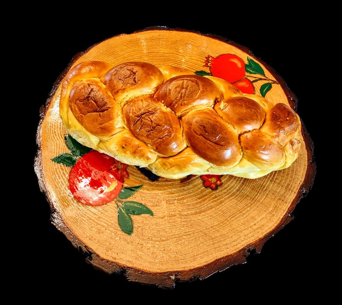 Hand-Painted Pomegranate Challah Board, Live Edge Shabbat Plate