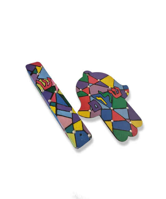 Hand Painted Hamsa and Mezuzah Set – Faux Stained Glass, Jewish Home Decor