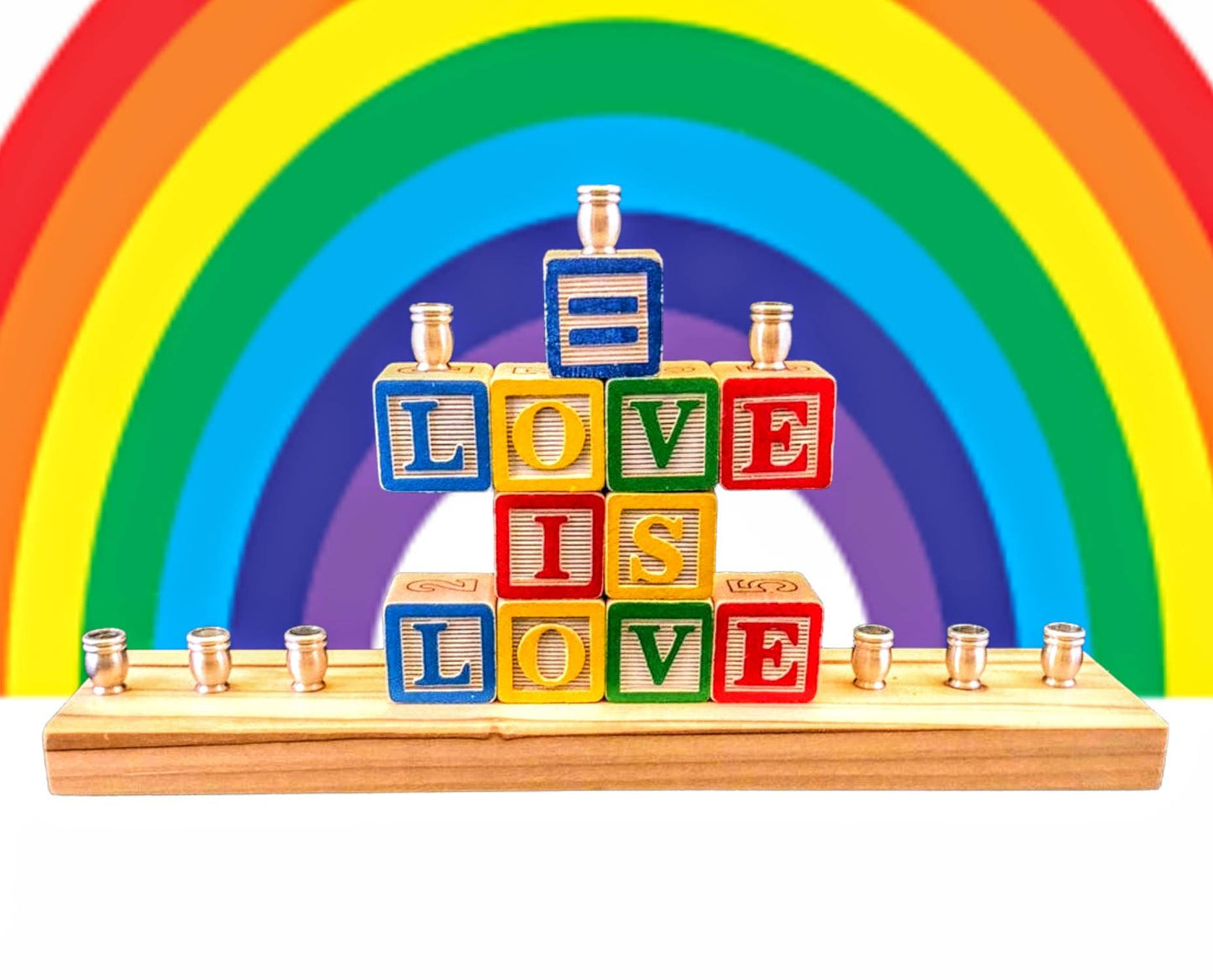 Love Is Love Menorah: Wooden Alphabet Blocks, LGBTQ+ Hanukkah Decor