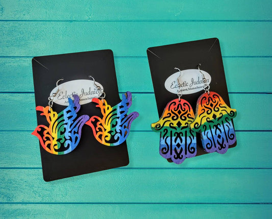 Handmade Wooden Rainbow Dove Earrings, Stainless Steel Hooks
