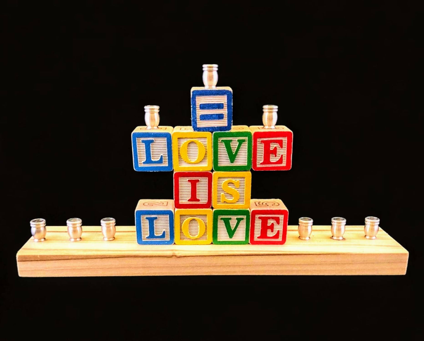 Love Is Love Menorah: Wooden Alphabet Blocks, LGBTQ+ Hanukkah Decor