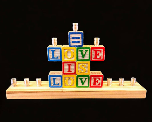 Love Is Love Menorah: Wooden Alphabet Blocks, LGBTQ+ Hanukkah Decor