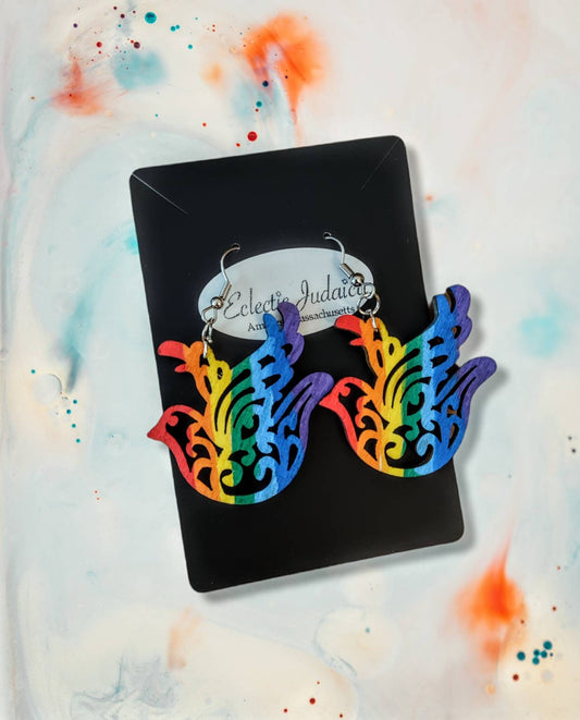 Handmade Wooden Rainbow Dove Earrings, Stainless Steel Hooks