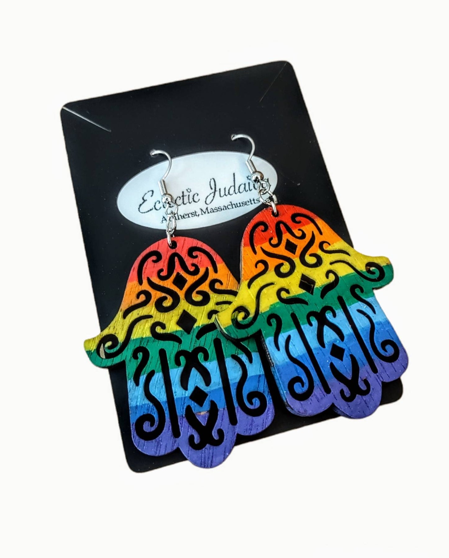 Rainbow Hamsa Wooden Earrings, Pride Jewelry, Jewish Gift