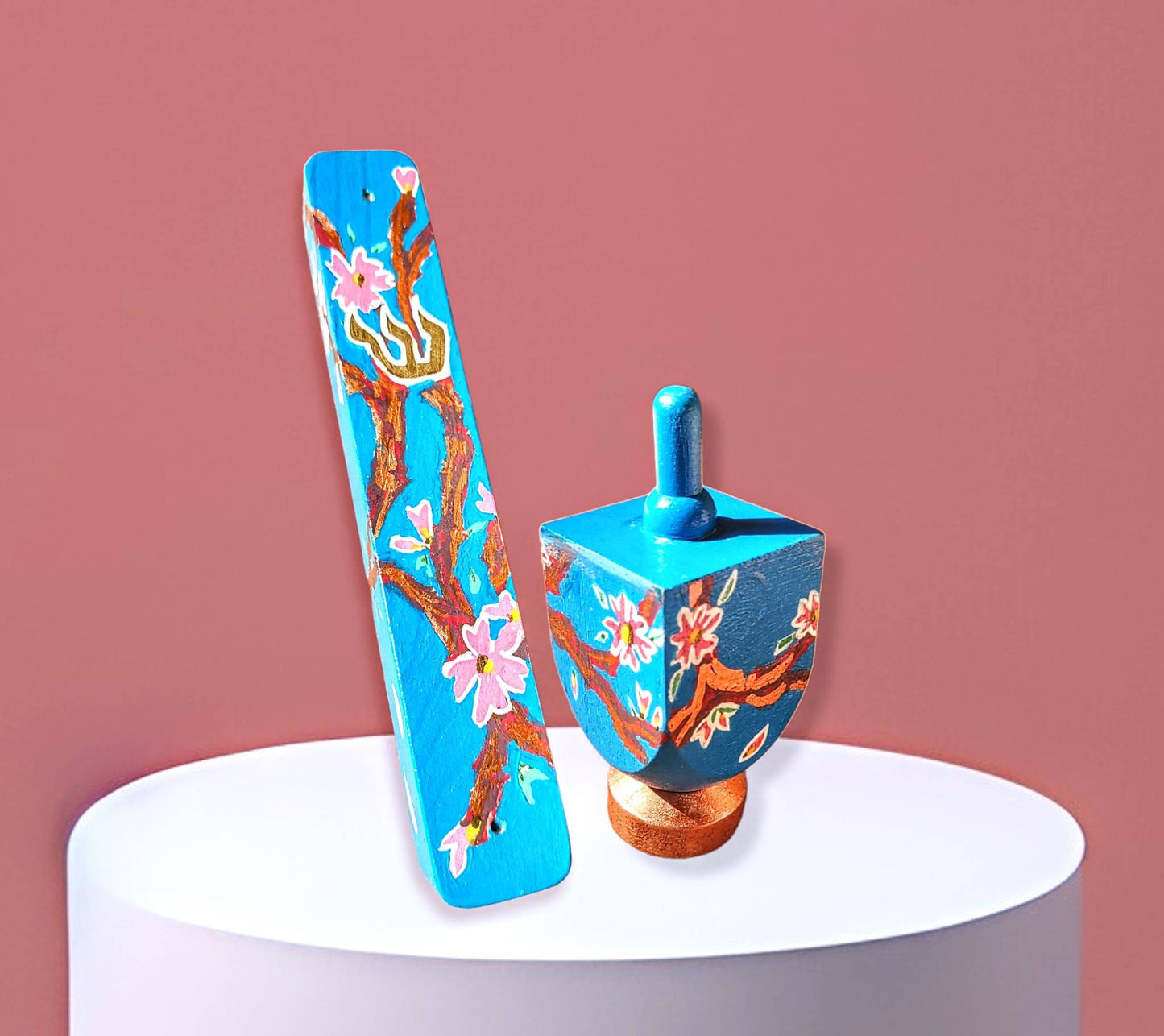 Dreidel and Mezuzah Set- Cherry blossom Jewish home Judaica Hanukkah housewarming