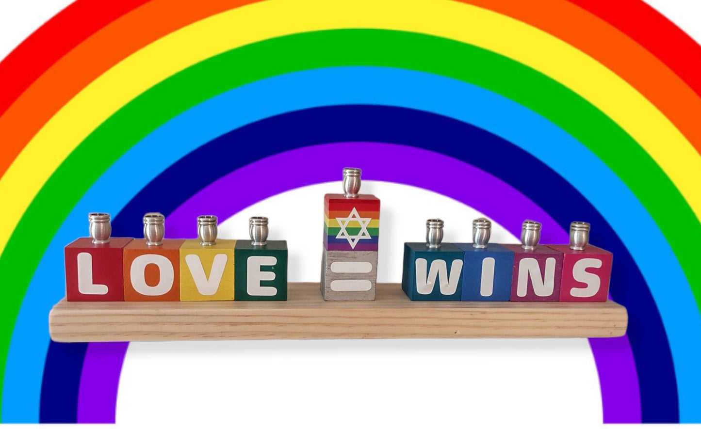 Love Wins Rainbow Wooden Block Menorah, LGBTQ Hanukkah