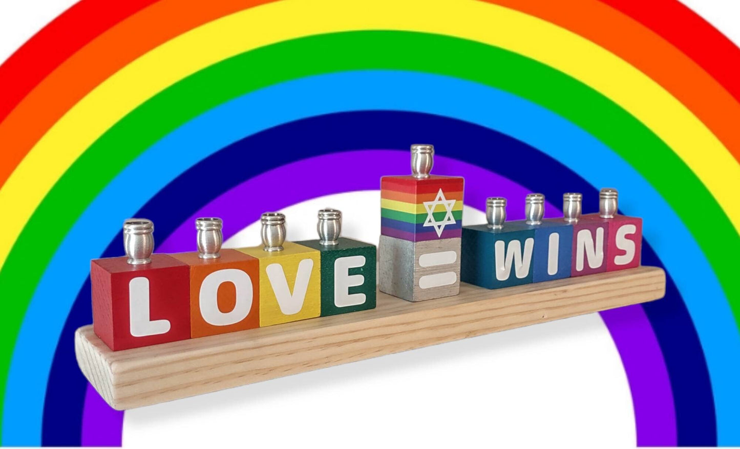 Love Wins Rainbow Wooden Block Menorah, LGBTQ Hanukkah