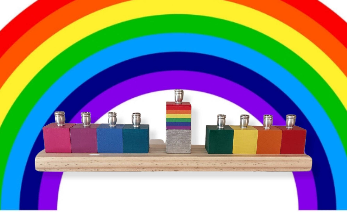 Love Wins Rainbow Wooden Block Menorah, LGBTQ Hanukkah