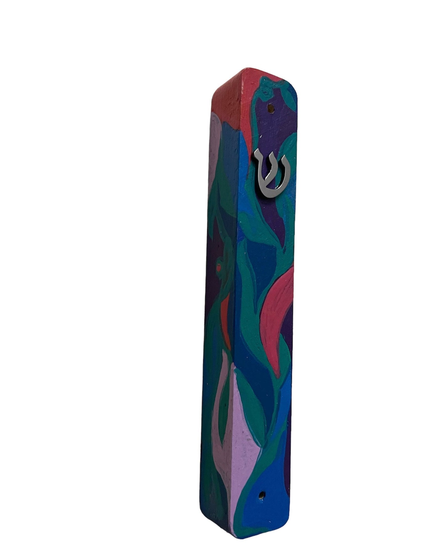 Hand painted Mezuzah Case Judaica checker board flowers funky rhinestones glitter waves spiral leaves