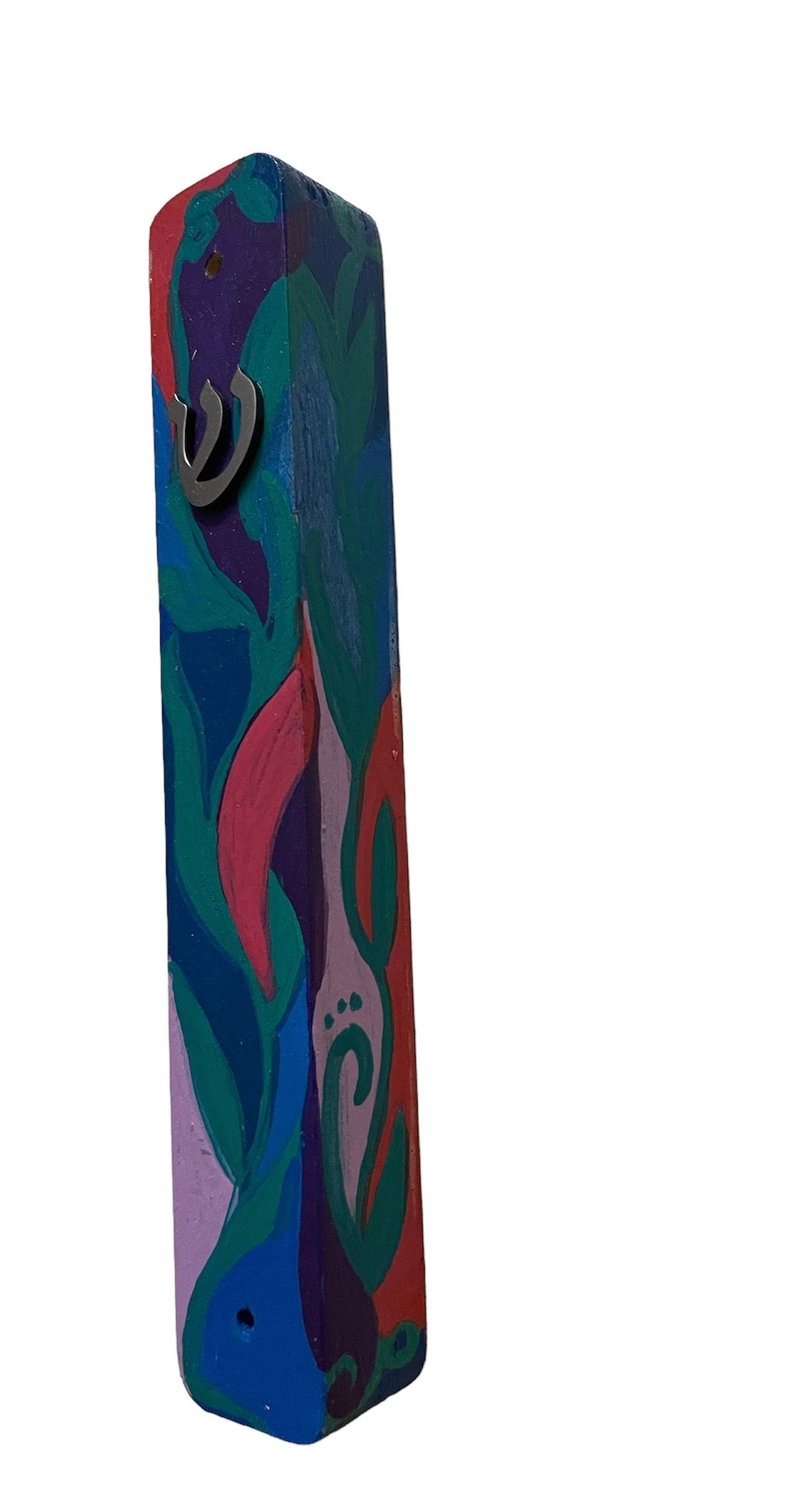Hand painted Mezuzah Case Judaica checker board flowers funky rhinestones glitter waves spiral leaves