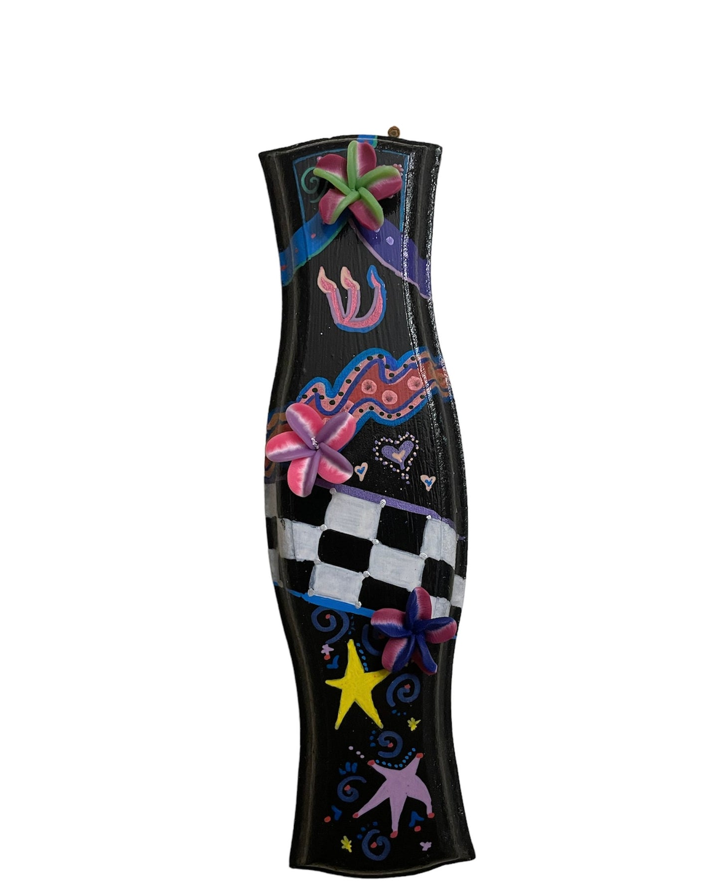 Hand painted Mezuzah Case Judaica checker board flowers funky rhinestones glitter waves spiral leaves