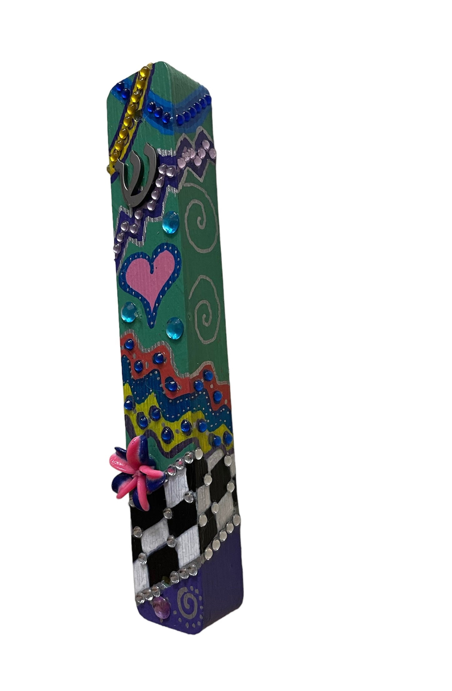 Hand painted Mezuzah Case Judaica checker board flowers funky rhinestones glitter waves spiral leaves