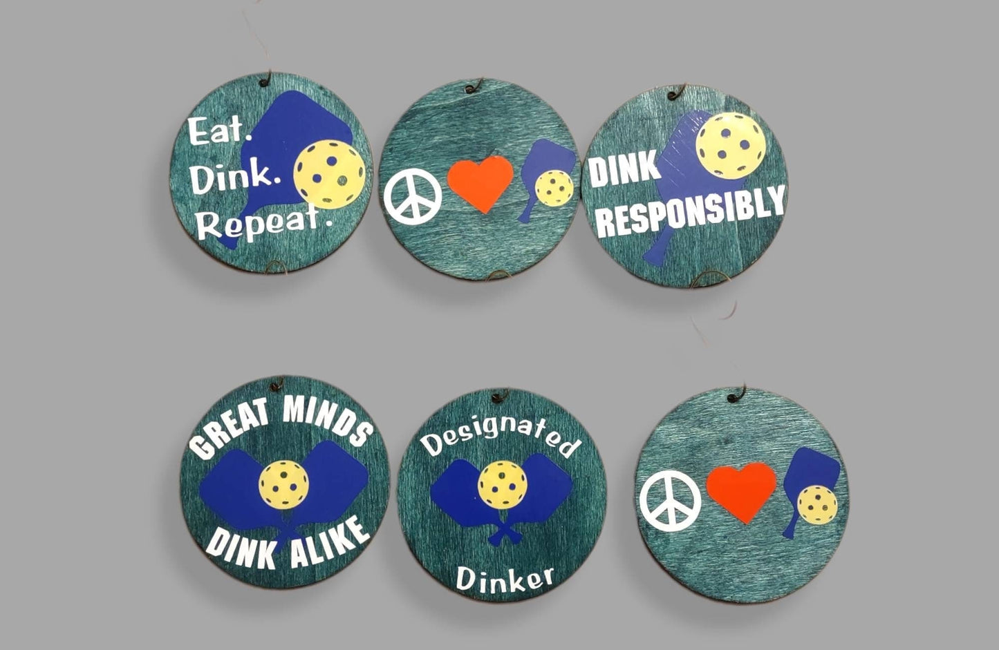 Pickleball Ornament, Stained Wood Circle, Vinyl Decals