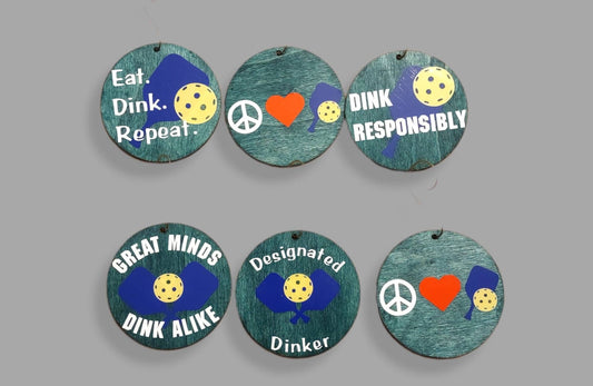 Pickleball Ornament, Stained Wood Circle, Vinyl Decals