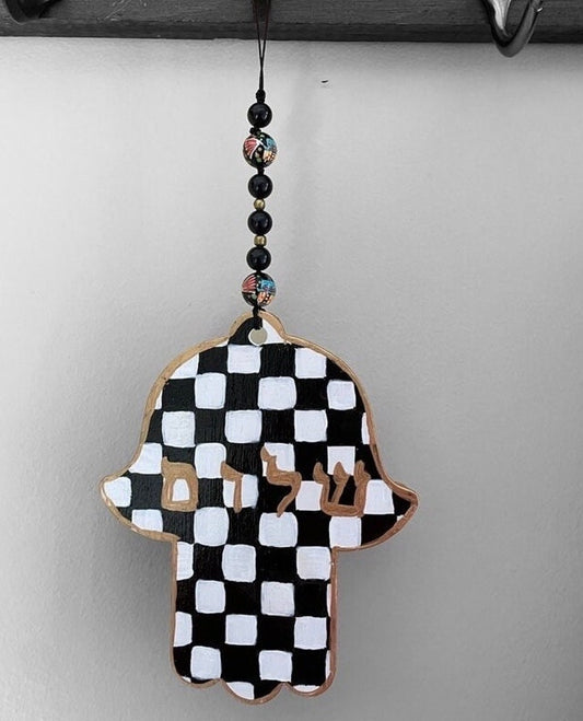Checkerboard Hamsa Hand Hanging Decoration, Fatima Evil Eye Protection