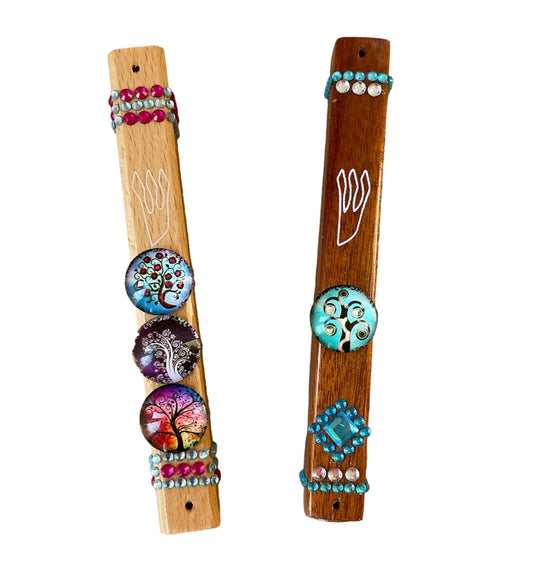 Wood Tree of Life Mezuzah Case with Rhinestones