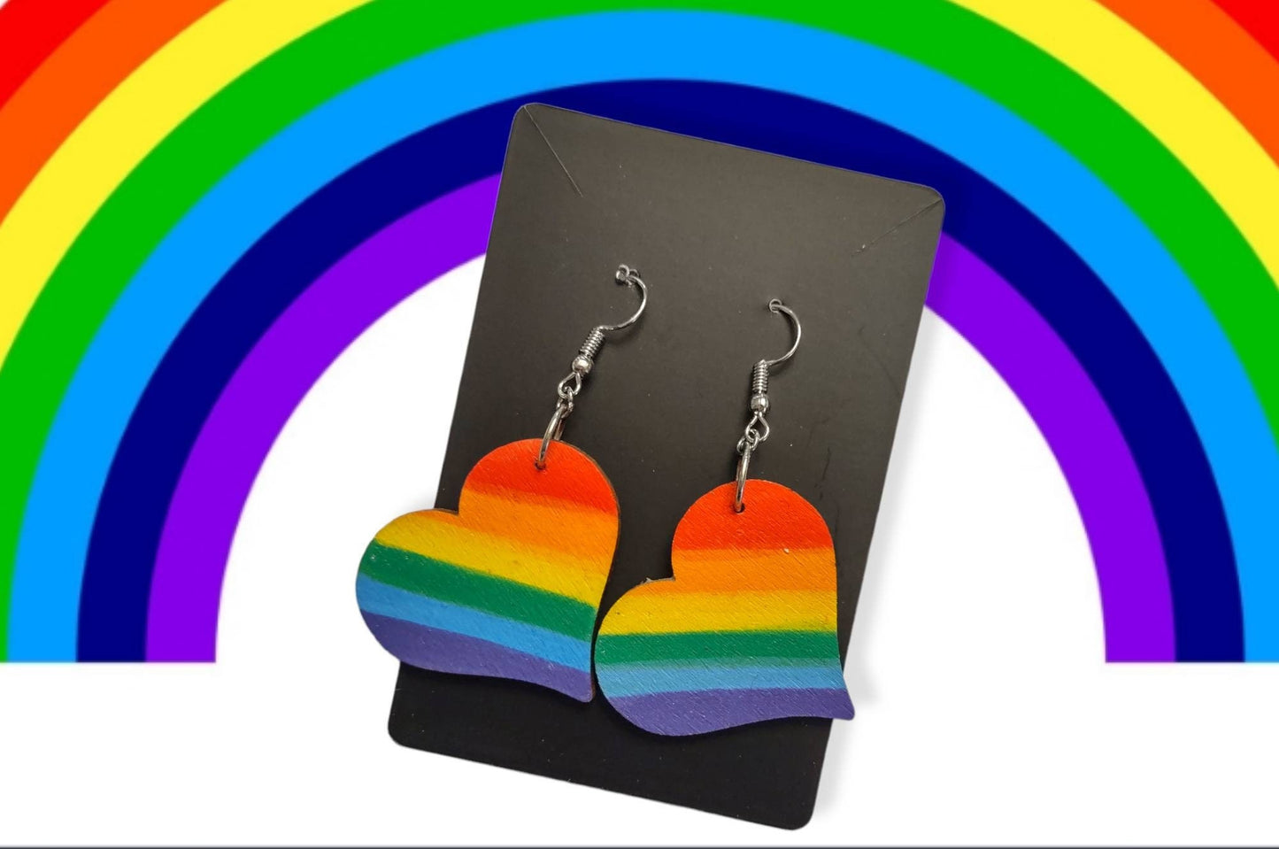Handmade Wooden Rainbow Heart Earrings, Stainless Steel Hooks