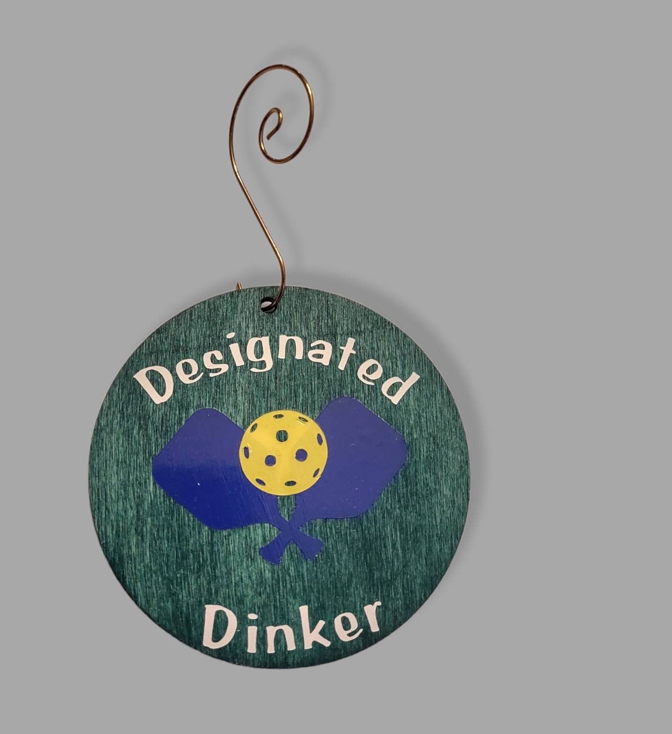 Pickleball Ornament, Stained Wood Circle, Vinyl Decals