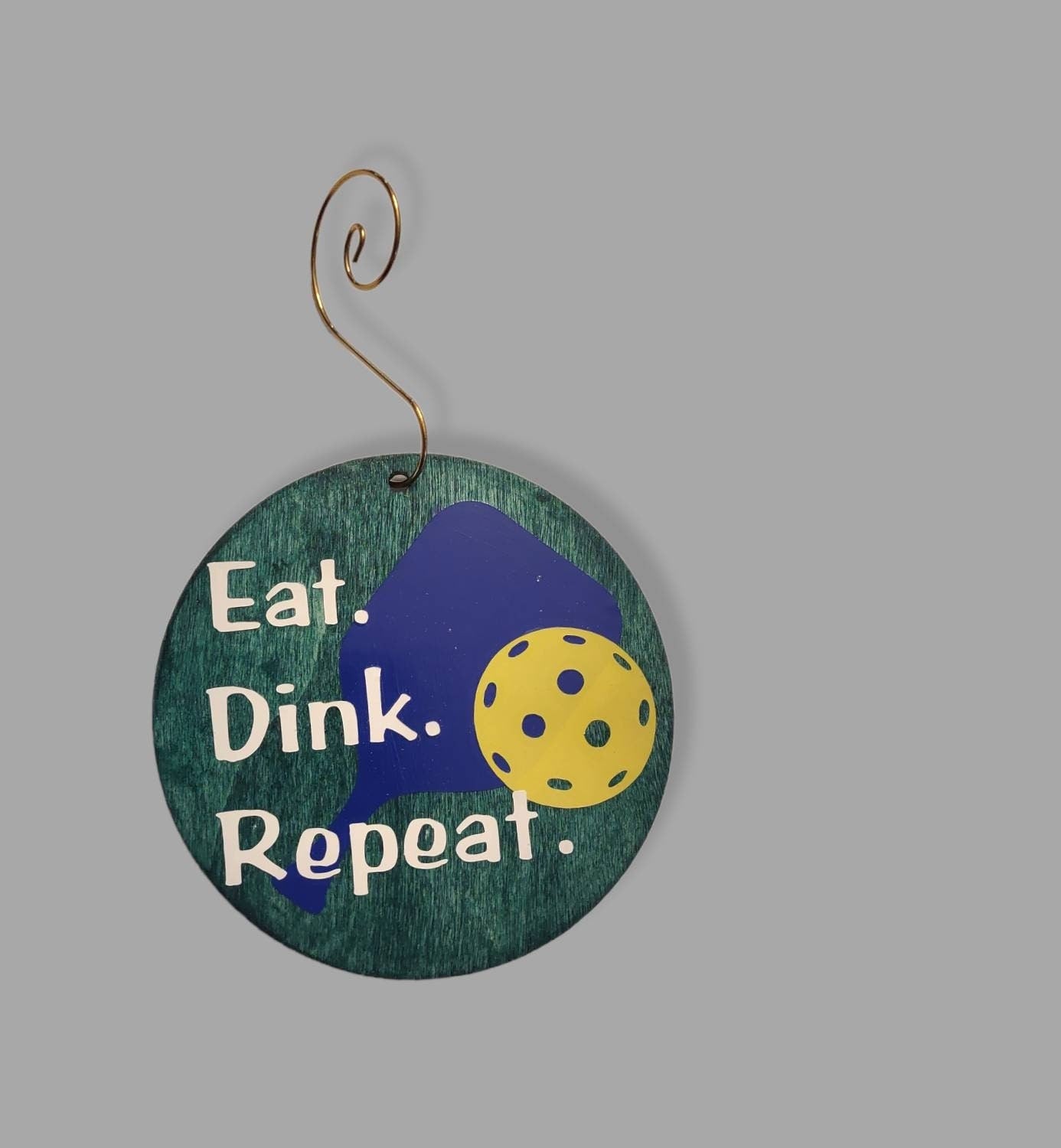 Pickleball Ornament, Stained Wood Circle, Vinyl Decals
